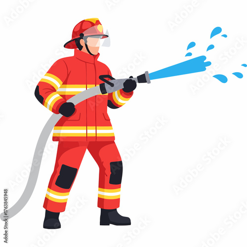 Brave firefighter hero holding hose bravely spraying powerful water stream for safety and rescue operations