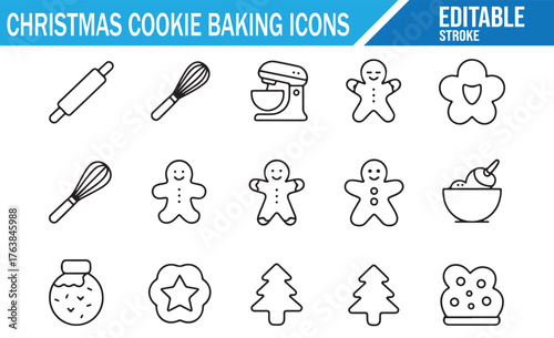 Winter festive dessert and pastry line icons for kitchen design use