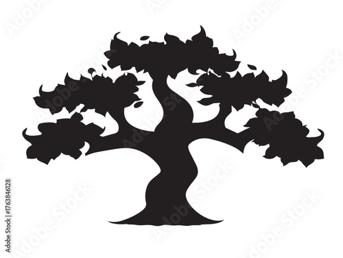 Oak tree silhouette icon as sturdy and mature 2D vector line art