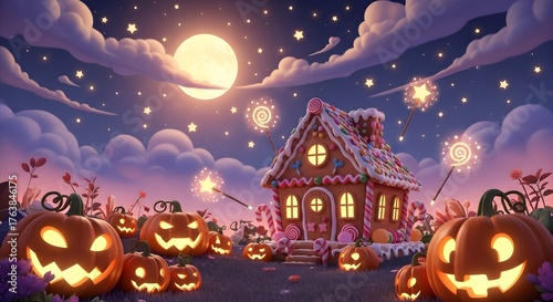 A halloween night scene with pumpkins, a gingerbread house, stars, moon and magical wands around