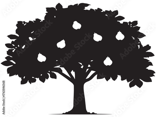 Exotic papaya tree silhouette vector line art in solid black