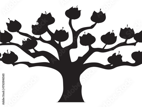 Flowering plum tree silhouette vector line art illustration
