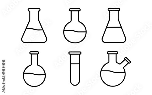 Simple black line lab equipment icons featuring glassware and test tubes