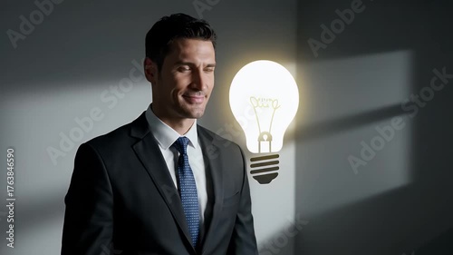 Man in Black Suit Touches Glowing Light Bulb Idea in Gray Background with Shadow and Stripes, Concept of Innovation and Business Solutions
