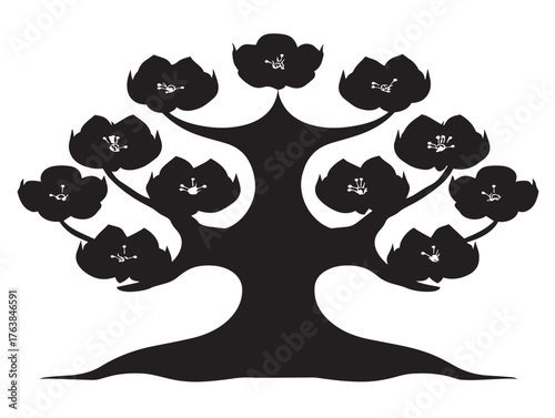 Ornamental plum tree silhouette vector line art in solid black