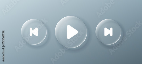 Media player buttons with liquid glass morphism style. Modern user interface element for application design or web page navigation. Vector illustration.