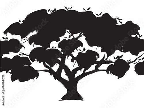 Tropical rain tree silhouette vector line art in solid black