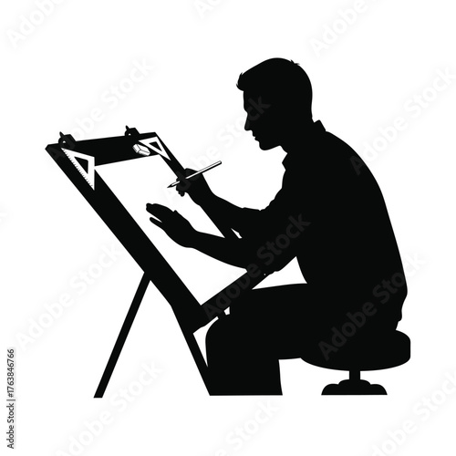 Silhouette of artist sketching at an easel with drawing tools and materials silhouette