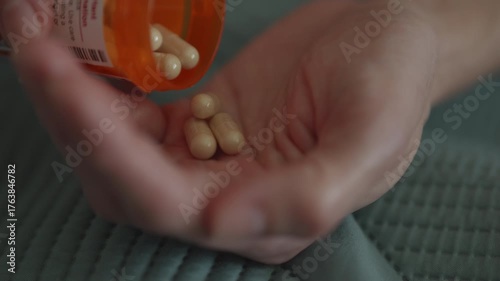 Medication Tablets, Capsules From Medicine Bottle. Antidepressant Headache Soporific Antibiotic. Medical Insurance Medicare. Vitamins And Supplements. Pouring Pills From Prescription Medicine Bottle.