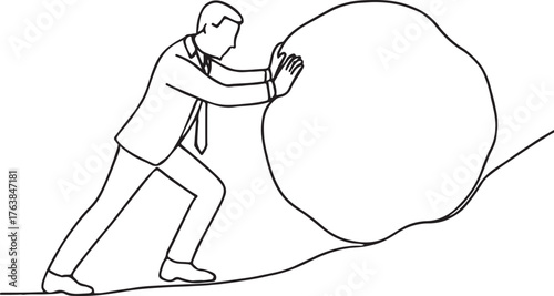Continuous Line Drawing of Businessman Pushing Heavy Stone Symbolizing Effort and Challenge Concept