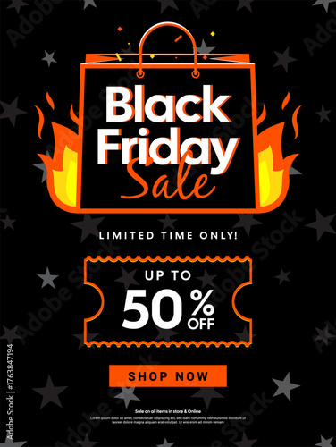 Black Friday Sale Poster vector illustration. Hot deals, shopping bags on fire