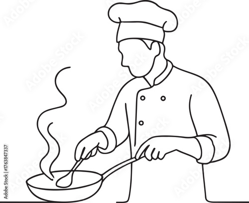 Minimalist Line Drawing of Professional Chef Preparing Food in Pan Culinary Concept on White Background