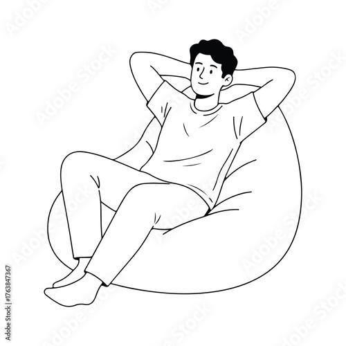Simple line art of a happy man sitting on a bean bag in a relaxed position