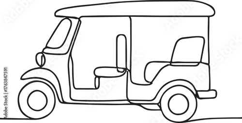 Minimalist Line Drawing of Tuk Tuk Auto Rickshaw Urban Transport Vehicle on White Background