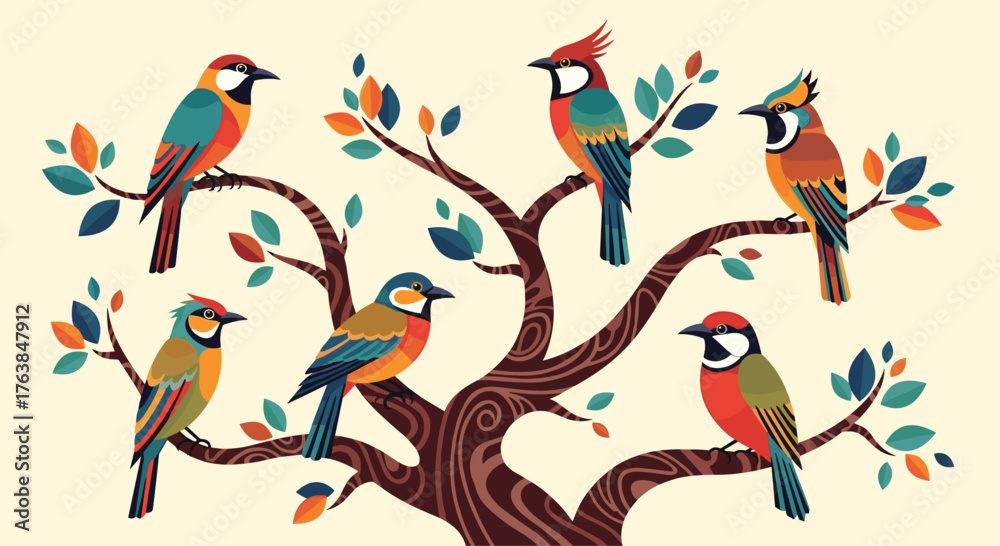 Obraz premium Colorful Birds Perched on Tree Branches in Nature.