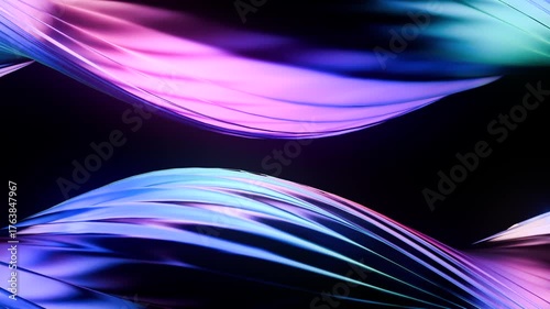 looping 3D render Iridescent flowing light waves with motion blur gradient on dark background with smooth curved streaks and vibrant neon glow effect. Abstract with dynamic speed lines