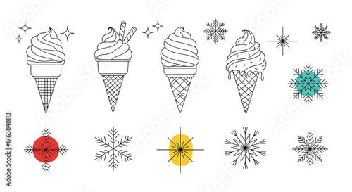 Ice cream cones and snowflakes winter season design elements.