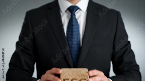 Man in Black Suit Holding Wooden Cube with ESG Letters in Front of Gray Background Investment Ethics and Corporate Social Responsibility Initiative