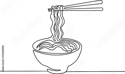 Continuous Line Drawing of Ramen Bowl with Chopsticks Asian Cuisine Illustration
