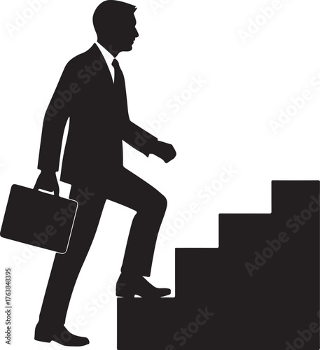 Silhouette of Businessman Walking Upstairs Growth and Success Concept on White Background