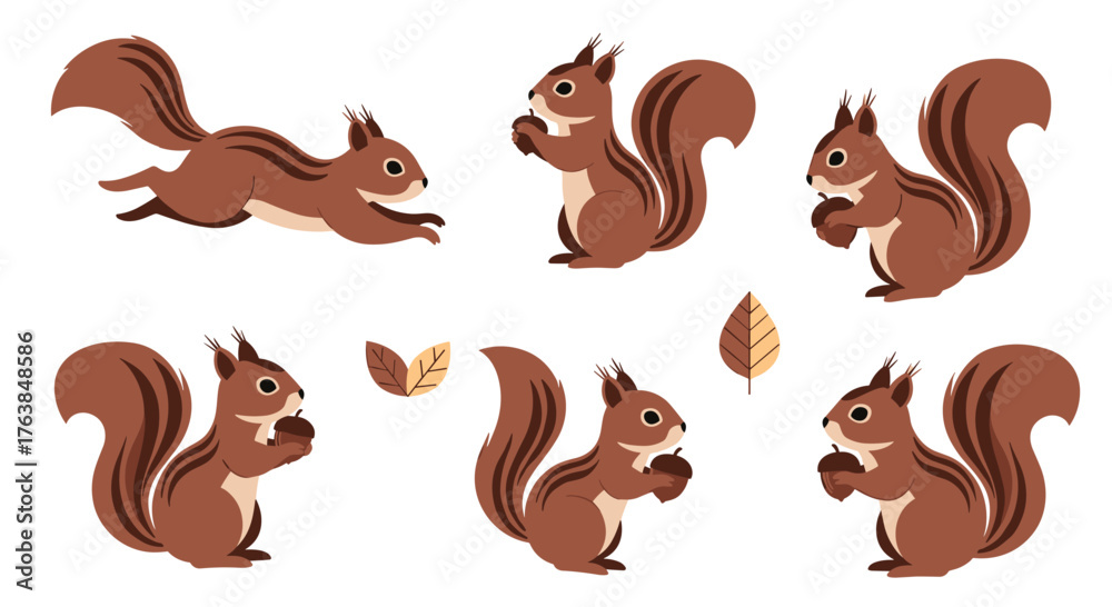 Naklejka premium Squirrels in various poses with nuts and leaves.