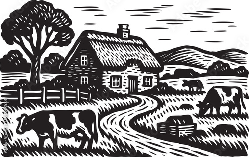 Traditional English farmhouse with grazing cows in black and white linocut etching style peaceful countryside landscape illustration perfect for organic dairy product label design