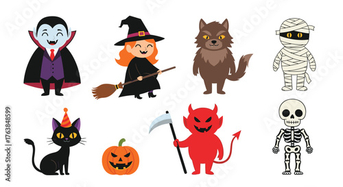 Halloween Characters Collection - Vampire, Witch, Werewolf, Mummy, Cat, Pumpkin, Devil, Skeleton.