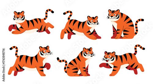 Six cartoon tigers in different poses, orange and black.