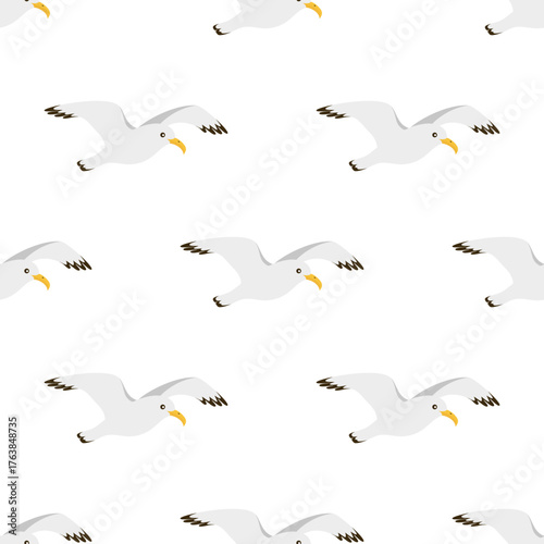 flying seagulls, birds in flight isolated on white background, cartoon seamless pattern with seabird in flat style
