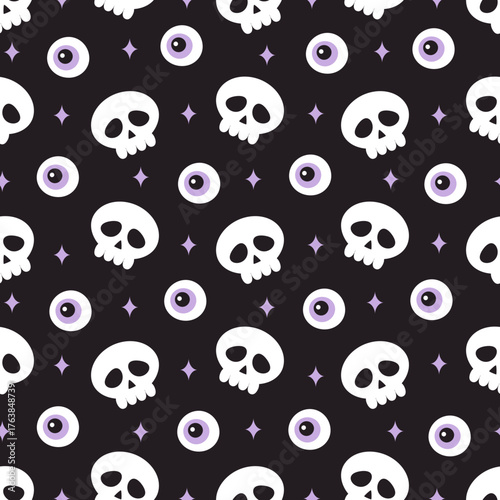 skull and eyeball seamless pattern on black, halloween background, vector illustration in flat style