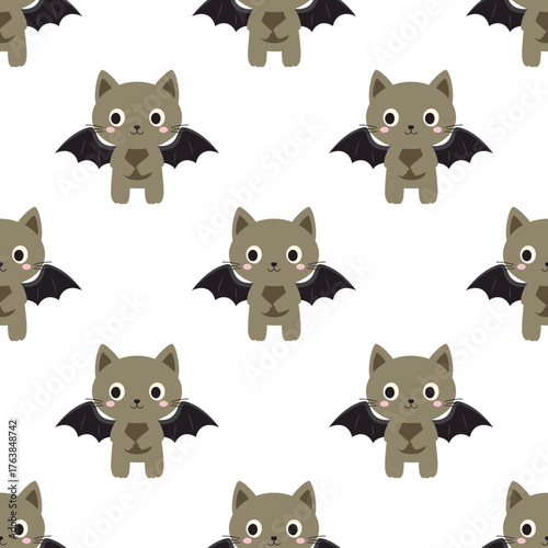 cute vector illustration featuring playful cat in halloween costume of bat, seamless pattern in flat style