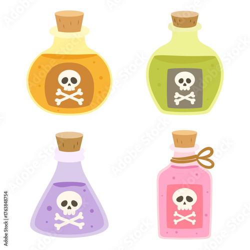 set of bottle with poison isolated on white, chemicals and dangerous potion drink, halloween illustration in flat style