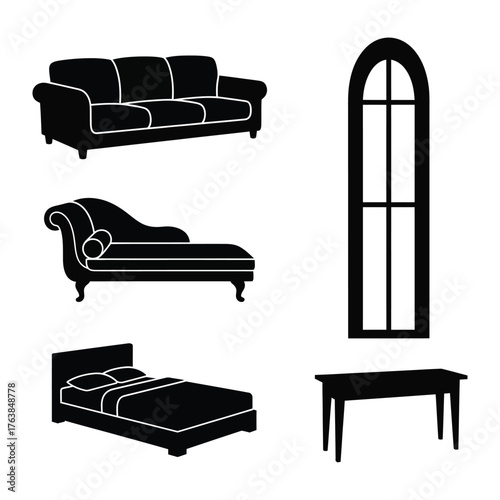 Home Interior Silhouettes: Minimalist graphic of home furniture set against the background. Featuring a sofa, chaise lounge, bed, table and window.