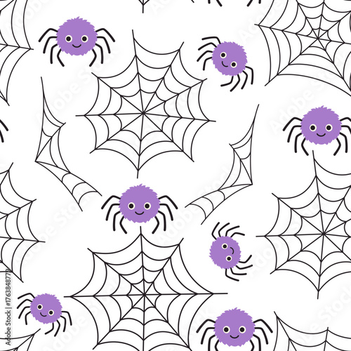 cute halloween spider seamless pattern, vector purple spiders and black spiderweb on white background, creepy print for halloween decoration, wallpaper, textile, wrapping, fabric