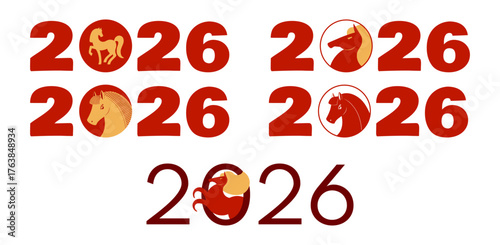 2026 New Year typography with horse collection, isolated clip art. Chinese zodiac sign character. Flat vector illustration. Traditional holiday celebration design elements set , seasonal banner, card