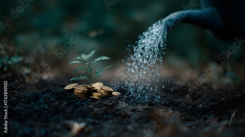 Wallpaper Mural A plant sprouts from golden coins being watered symbolizing financial growth and investment Torontodigital.ca
