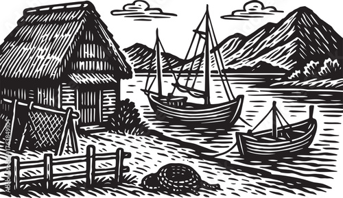 Scenic coastal village with traditional boats and mountains in detailed black and white linocut etching style hand-drawn sea landscape for packaging label or maritime banner design