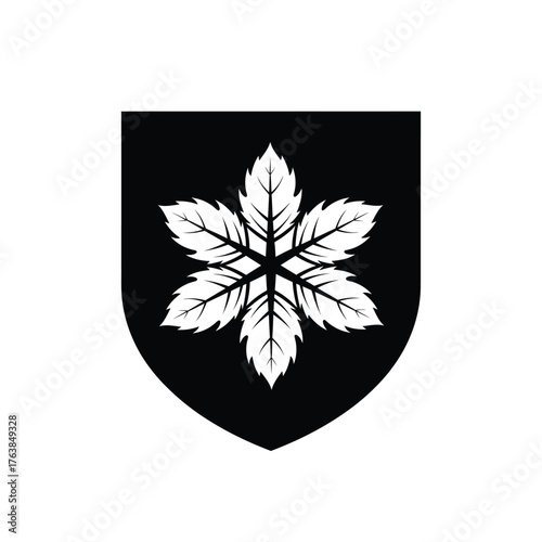 Abstract white leaf emblem on black shield crest graphic design symbol silhouette