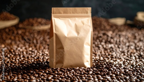 Brown Coffee Bag on Roasted Coffee Beans Background.
