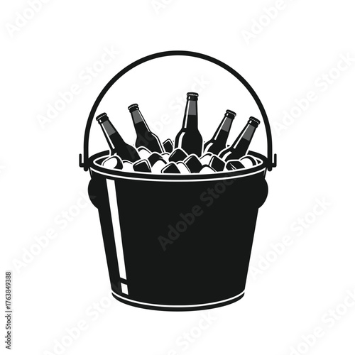 Refreshing beer bottles chilling in ice filled bucket for celebration and party silhouette