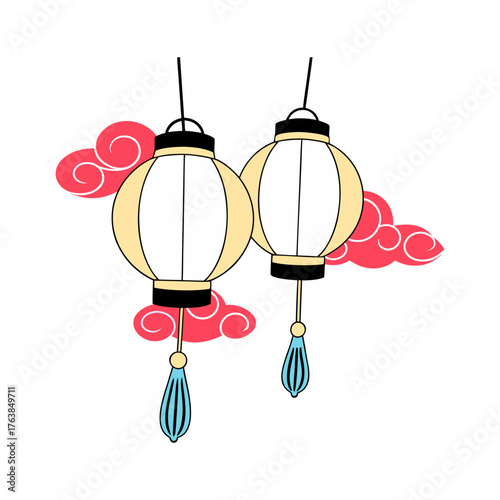 Traditional Japanese White Lanterns with Red Clouds