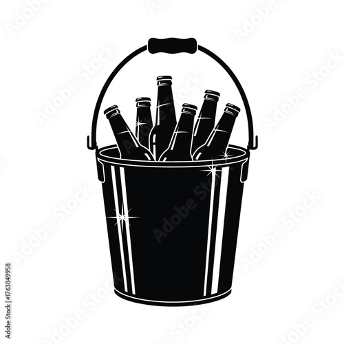 Six pack beer bottles chilling in a black bucket ready for refreshment silhouette