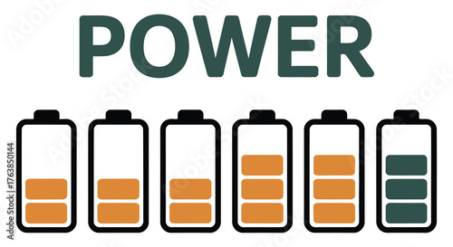 Battery Indicator Icon Set Displaying Various Charge Levels Underneath The Word Power
