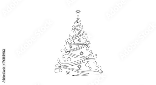 Vector illustration of a stylized Christmas tree in black and white, fine line art, minimalist design on white background