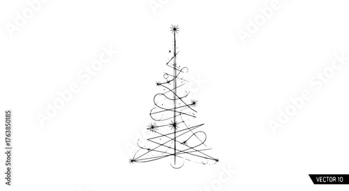 Vector illustration of a stylized Christmas tree in black and white, fine line art, minimalist design on white background
