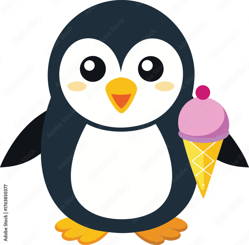 Obraz premium Adorable cartoon penguin holding a delicious pink ice cream cone with a yellow waffle cone