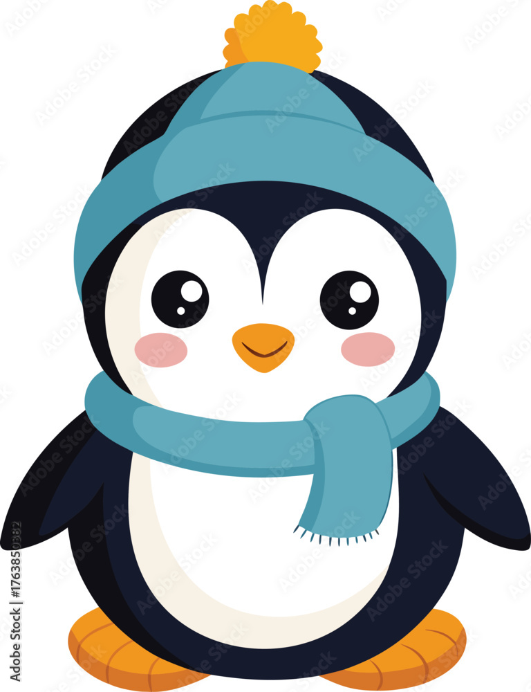 Obraz premium Adorable cartoon penguin wearing a blue hat and scarf ready for winter fun