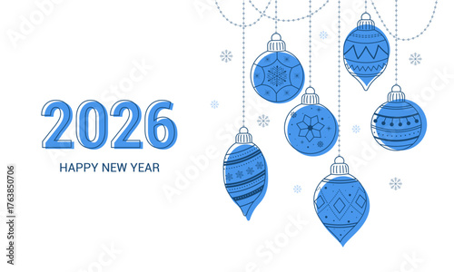 2026 Happy New Year. Greeting banner with hanging decorations and New Year's balls. Contoured linear silhouette. Vector illustration on a white background.
