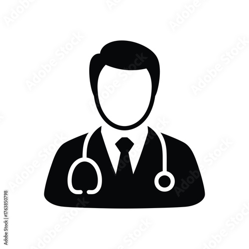 Black And White Icon Of A Doctor With Stethoscope Against White Background