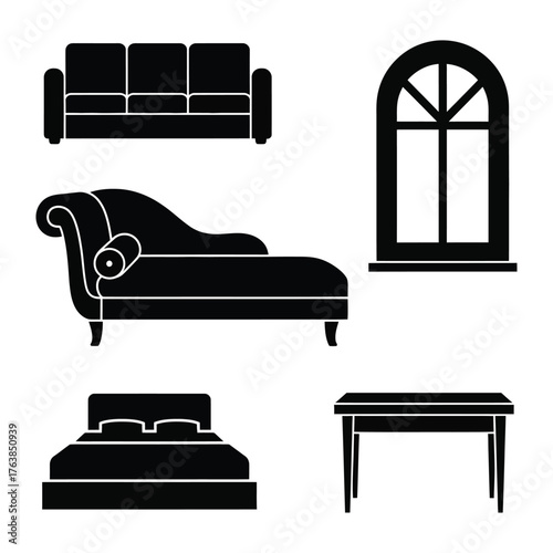 Interior Design Silhouettes: A curated collection of elegant furniture silhouettes and an arched window, showcasing design elements perfect for interior design projects. 